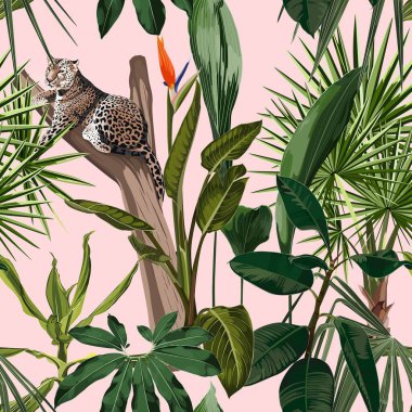 Ağaçta uyuyan kaplan leoparı ve egzotik tropikal yapraklarla renklendirilmiş çiçek deseni. Pembe arka planda moda süsü.