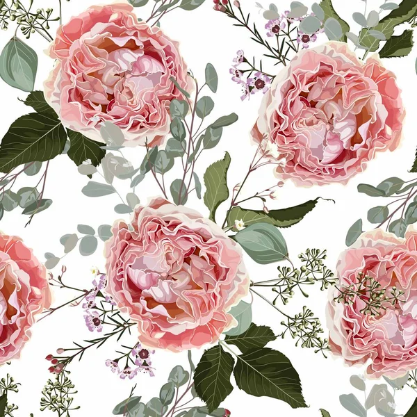 Sömlös Blommönster Med Rosa Rosor Blommor Vit Bakgrund Sommar Och — Stock vektor