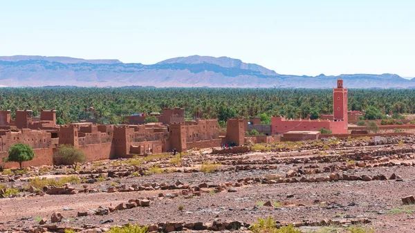 Edifícios Adobe Primeiro Plano Floresta Palmeiras Montanhas Vale Draa Zagora — Fotografia de Stock