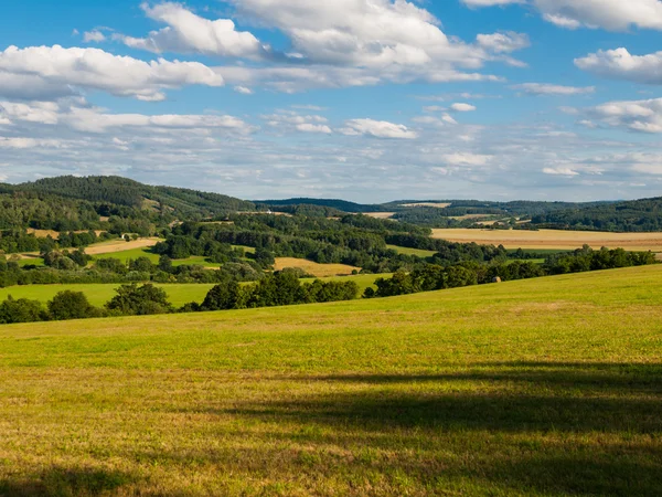 Verão paisagem montanhosa withe campo verde, florestas, céu azul e nuvens brancas — Fotografia de Stock