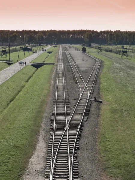 Auschwitz - Birkenau toplama kampı tren istasyonunda havadan görünümü — Stok fotoğraf