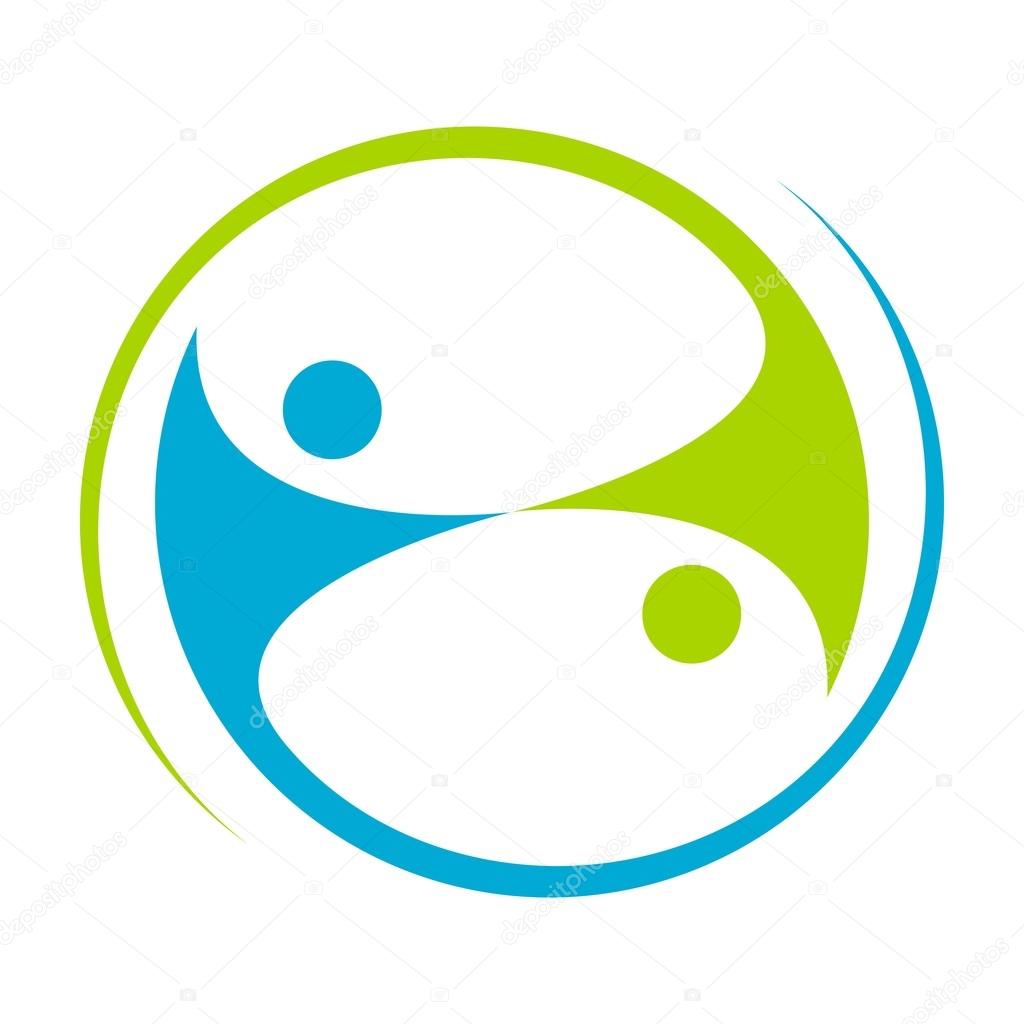 Two abstract people cooperation - team work or partnership simple flat icon logo in green and blue.