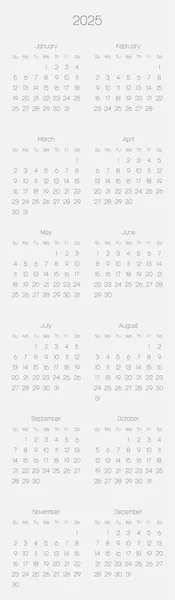 Calendrier mensuel de l'année 2025 — Image vectorielle