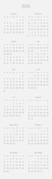 Calendrier mensuel de l'année 2026 — Image vectorielle