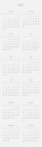 Calendario mensual del año 2027 — Vector de stock