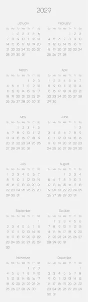 Calendario mensual del año 2029 — Archivo Imágenes Vectoriales