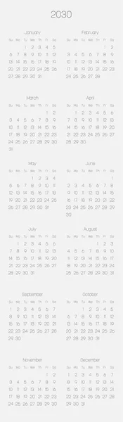 Monatskalender des Jahres 2030 — Stockvektor