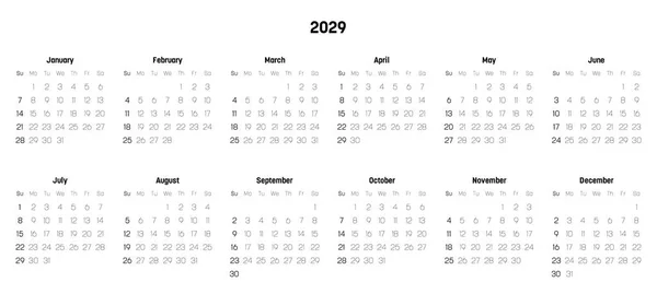 Monatskalender des Jahres 2029 — Stockvektor