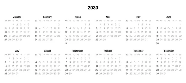 Monatskalender des Jahres 2030 — Stockvektor