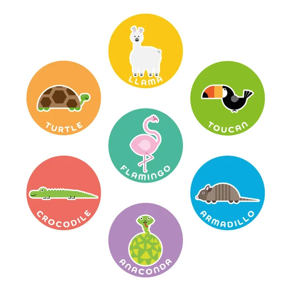 South American wild animals collection. Set of 7 cartoon characters in the circle with name labels. Vector illustration — Stock Vector