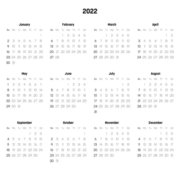 Monthly calendar of year 2022 — Stock Vector