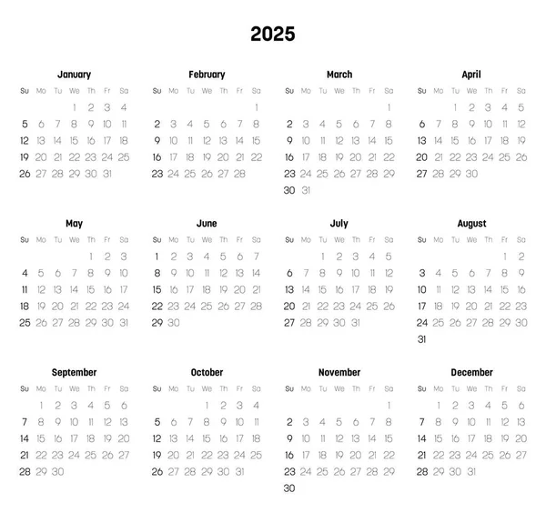 Maandelijkse kalender van het jaar 2025 — Stockvector