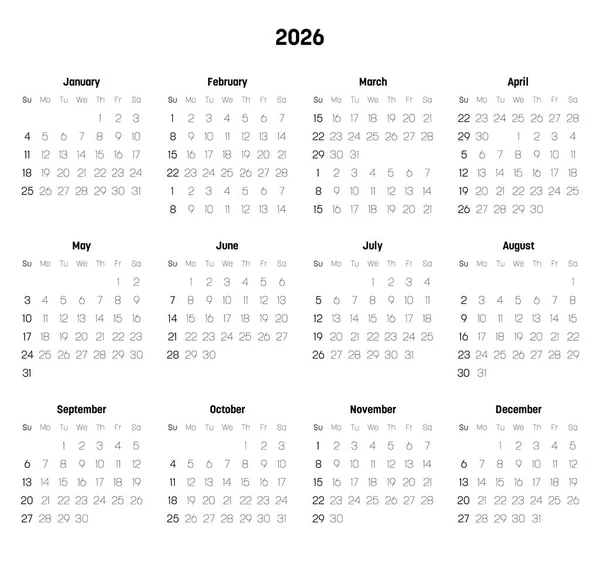 Monthly calendar of year 2026 — Stock Vector