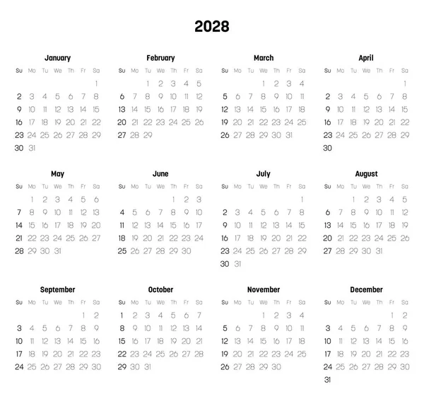 Monthly calendar of year 2028 — Stock Vector