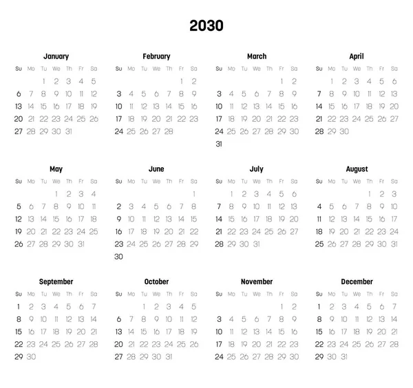 Monthly calendar of year 2030 — Stock Vector