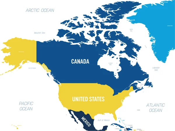 Mapa da América do Norte - tom laranja marrom colorido sobre fundo escuro. Mapa político detalhado do continente norte-americano com nomes de países, oceanos e mares rotulados —  Vetores de Stock