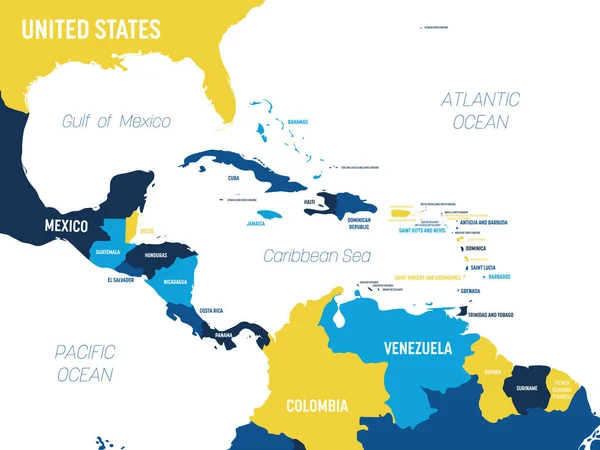 Mappa dell'America Centrale - tonalità marrone arancio colorato su sfondo scuro. Alta mappa politica dettagliata regione centroamericana e caraibica con nomi di paesi, oceani e marini — Vettoriale Stock