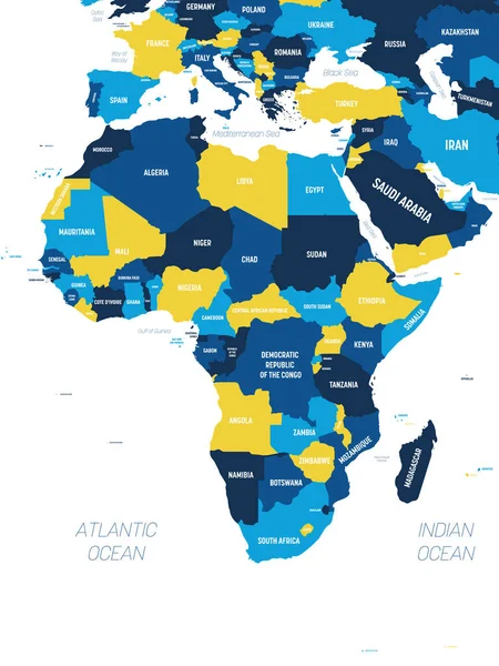 Mapa da África - tom laranja marrom colorido no fundo escuro. Mapa político detalhado do continente africano com nomes de países, oceanos e mares rotulados — Vetor de Stock