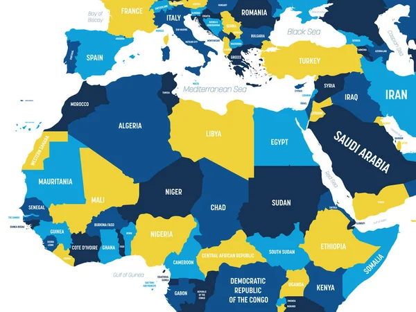 Carte d'Afrique du Nord - teinte orange marron coloré sur fond sombre. Carte politique détaillée de la rgion nord-africaine avec l'étiquetage des noms de pays, d'océan et de mer — Image vectorielle