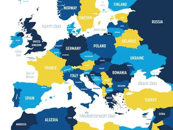 Mapa Evropy - hnědooranžová barva na tmavém pozadí. Vysoce podrobná politická mapa evropského kontinentu s označením zemí, oceánů a moří — Stockový vektor