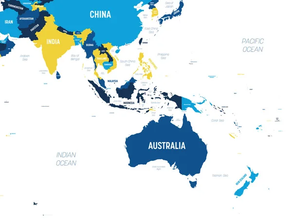 Australië en Zuidoost-Azië kaart - bruin oranje tint gekleurd op donkere achtergrond. Hoge gedetailleerde politieke kaart van Australië en Zuidoost-Azië regio met land, oceaan en zee namen labeling — Stockvector