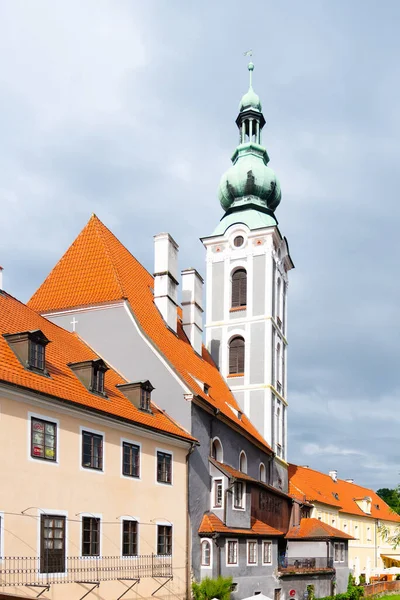 Church bell tower in Cesky Krumlov — Stock Photo, Image