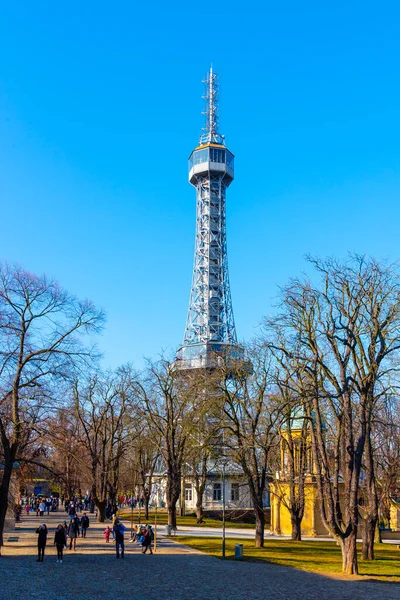 PRAGUE, CZECH REPUBLIC - FEBRUARY 08, 2020: People at Petrin lookout tower in Prague on sunny winter day. Prague, Czech Republic — Stock Photo, Image