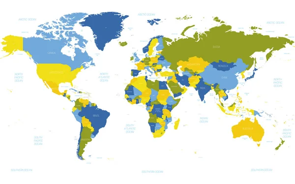 Mapa do mundo. Mapa político detalhado alto do mundo com etiquetagem dos nomes do país, do oceano e do mar. 5 cores esquema vetorial mapa no fundo branco —  Vetores de Stock