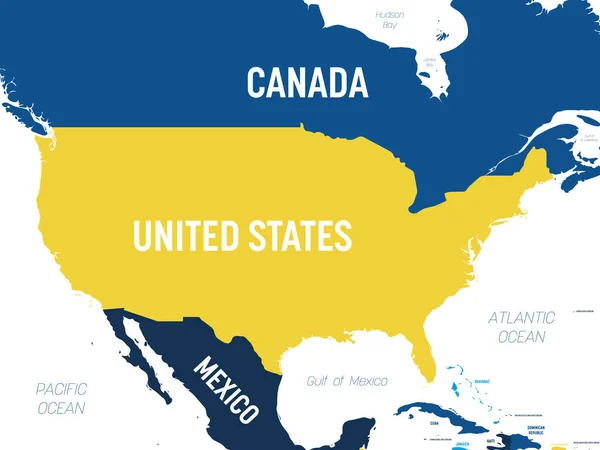 Mapa dos EUA - tom laranja marrom colorido no fundo escuro. Mapa político detalhado Estados Unidos da América e países vizinhos com nomes de país, oceano e mar rotulagem —  Vetores de Stock