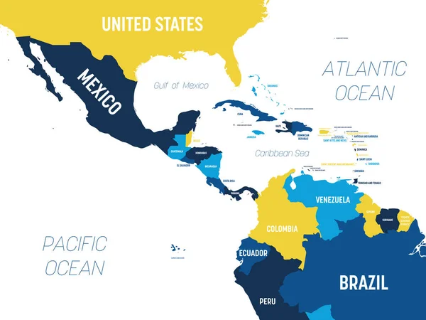 Mapa de Centroamérica - tonalidad marrón anaranjada sobre fondo oscuro. Mapa político detallado de la región de Centroamérica y el Caribe con nombres de países, océanos y mares etiquetados — Vector de stock