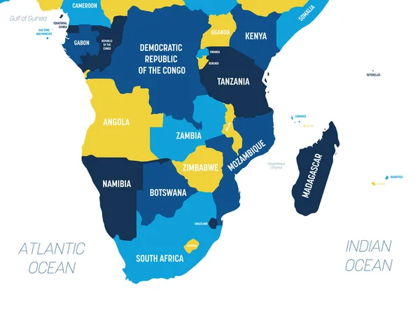 Mapa da África Austral - tom laranja marrom colorido sobre fundo escuro. Mapa político detalhado da região do sul da África com nomes de países, oceanos e mares rotulados — Vetor de Stock