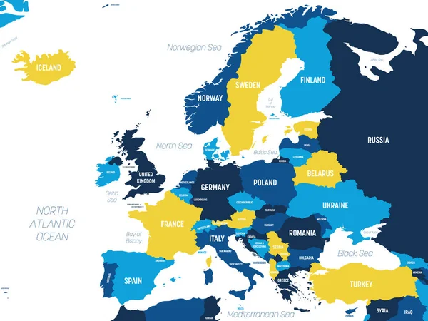 유럽 지도 - 어두운 배경에는 갈색의 오렌지색 색조가 있다. 유럽 대륙에 대한 상세 한 정치 지도를 가지고 있습니다. — 스톡 벡터