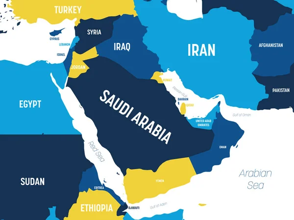 Mapa Středního východu - hnědý oranžový odstín na tmavém pozadí. Vysoce podrobná politická mapa regionu Středního východu a Arabského poloostrova se značením jmen zemí, oceánů a moří — Stockový vektor