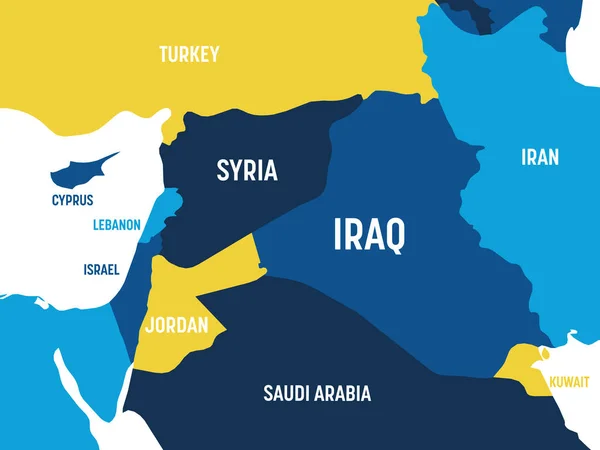 Mapa do Oriente Médio - tom laranja marrom colorido no fundo escuro. Mapa político detalhado da região do Oriente Médio e Península Arábica com nomes de países, oceanos e mares rotulados — Vetor de Stock