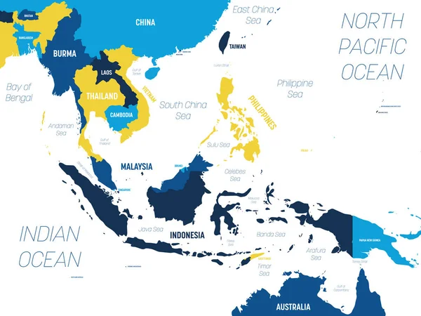 Südostasienkarte - braun orangefarbener Farbton auf dunklem Hintergrund. Hoch detaillierte politische Landkarte der südöstlichen Region mit Beschriftung von Land, Ozean und Meer — Stockvektor