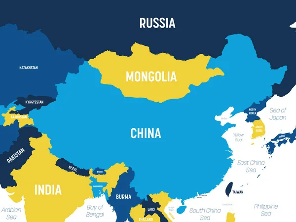 Mapa de China - tono naranja marrón coloreado sobre fondo oscuro. Mapa político detallado de China y países vecinos con nombres de países, océanos y mares etiquetados — Vector de stock