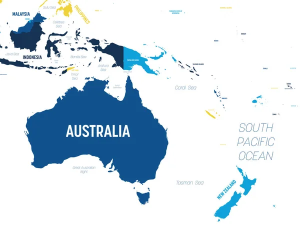 Mapa de Australia y Oceanía - tonalidad marrón anaranjada sobre fondo oscuro. Mapa político detallado de la región australiana y pacífica con el etiquetado de nombres de países, océanos y mares — Vector de stock