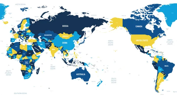 Mapa del mundo Asia, Australia y el Océano Pacífico centrado. Color naranja marrón sobre fondo oscuro. Mapa político detallado de Mundo con nombres de países, océanos y mares etiquetados — Vector de stock