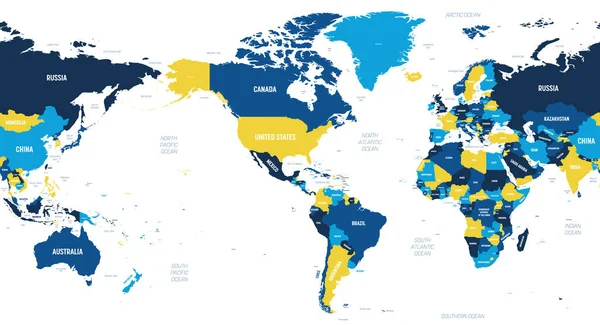 Mapa del mundo - América centrada. Color naranja marrón sobre fondo oscuro. Mapa político detallado de Mundo con nombres de países, océanos y mares etiquetados — Vector de stock