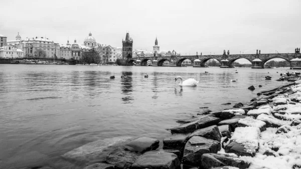 Ponte Carlo e fiume Moldava in inverno — Foto Stock