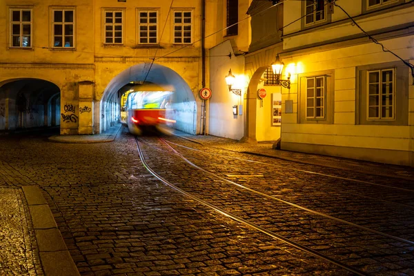 Night tram in Prague — Stock Photo, Image