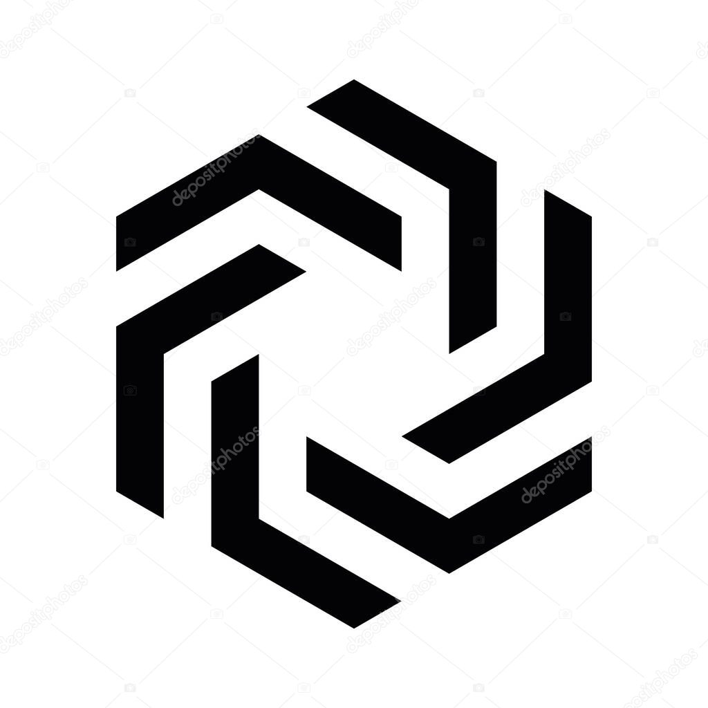 Abstract hexagonal vane design element of six arrow parts. Simple black vector logotype icon.