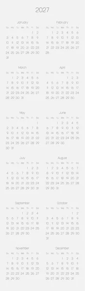 Calendario mensual anual del año 2027 — Vector de stock