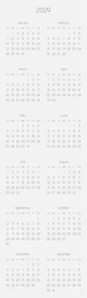 Calendario mensual anual del año 2029 — Archivo Imágenes Vectoriales