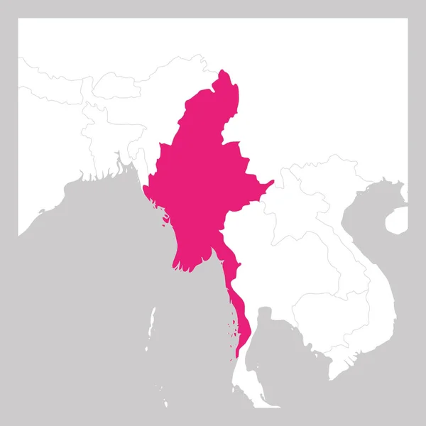 Mapa de Myanmar rosa resaltado con los países vecinos — Vector de stock