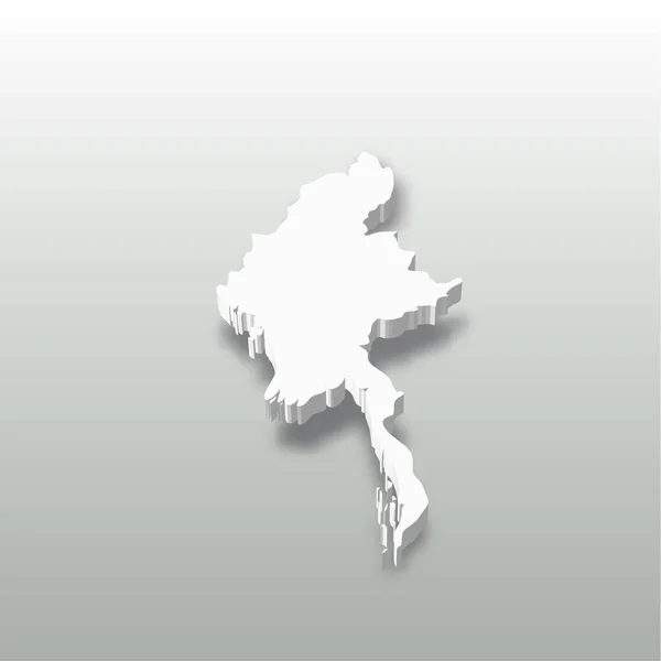 Burma, Myanmar. Gri arka planda gölgesi olan üç boyutlu beyaz siluet bölge haritası. Basit düz vektör çizimi — Stok Vektör
