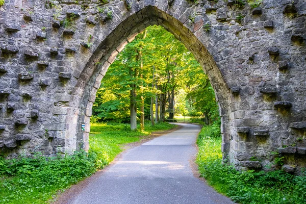 Porta de arco gótico sobre estrada de asfalto — Fotografia de Stock