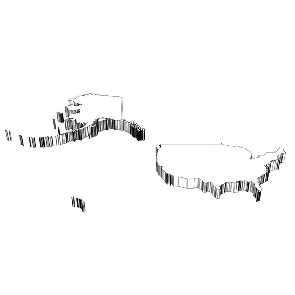 Estados Unidos da América, EUA - 3D black thin outline silhouette map of country area. Ilustração simples do vetor plano — Vetor de Stock