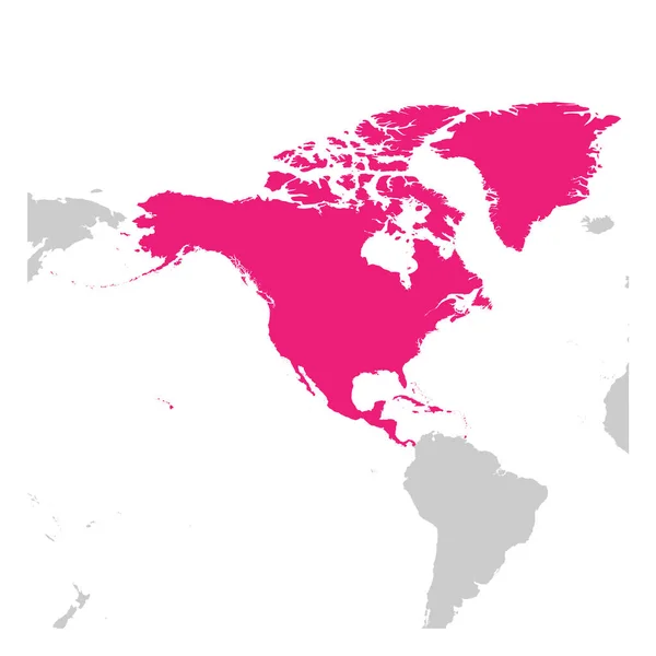 América del Norte continente rosa marcado en silueta gris del mapa del mundo. Ilustración simple vector plano — Vector de stock
