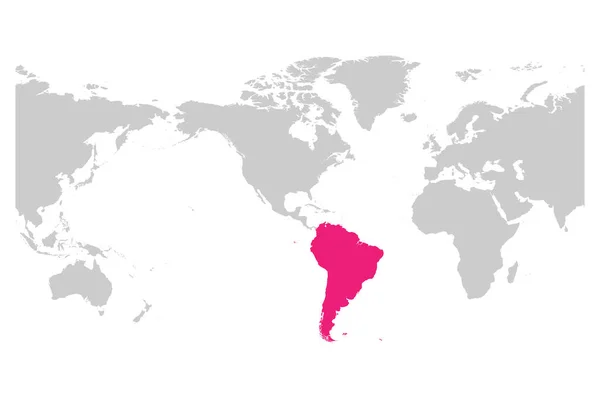 Südamerika Kontinent rosa auf Weltkarte markiert — Stockvektor